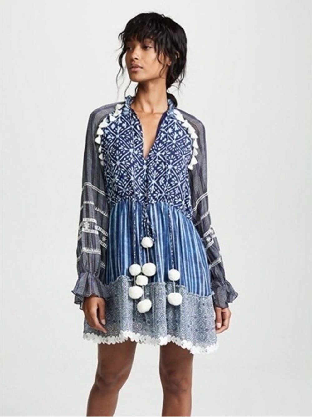 Hemant & Nandita Boho Tassel Mini Dress Blue & White Pom Pom Size XS - Picture 2 of 12